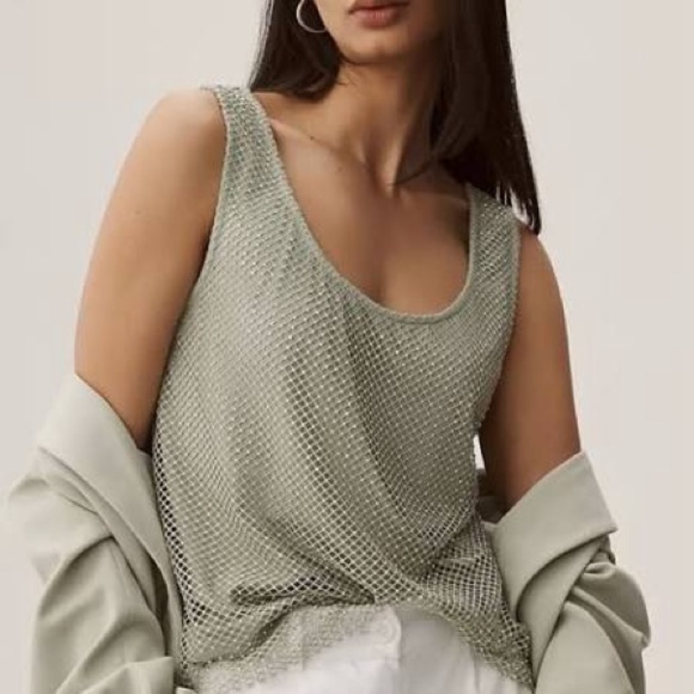 Anthropologie Sunday in Brooklyn Sage Mesh Rhinestone Tank Top